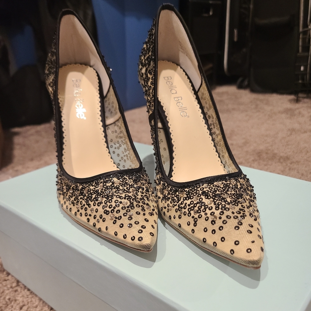 Bella Belle Beige and Black Embellished Pointed-Toe Heels